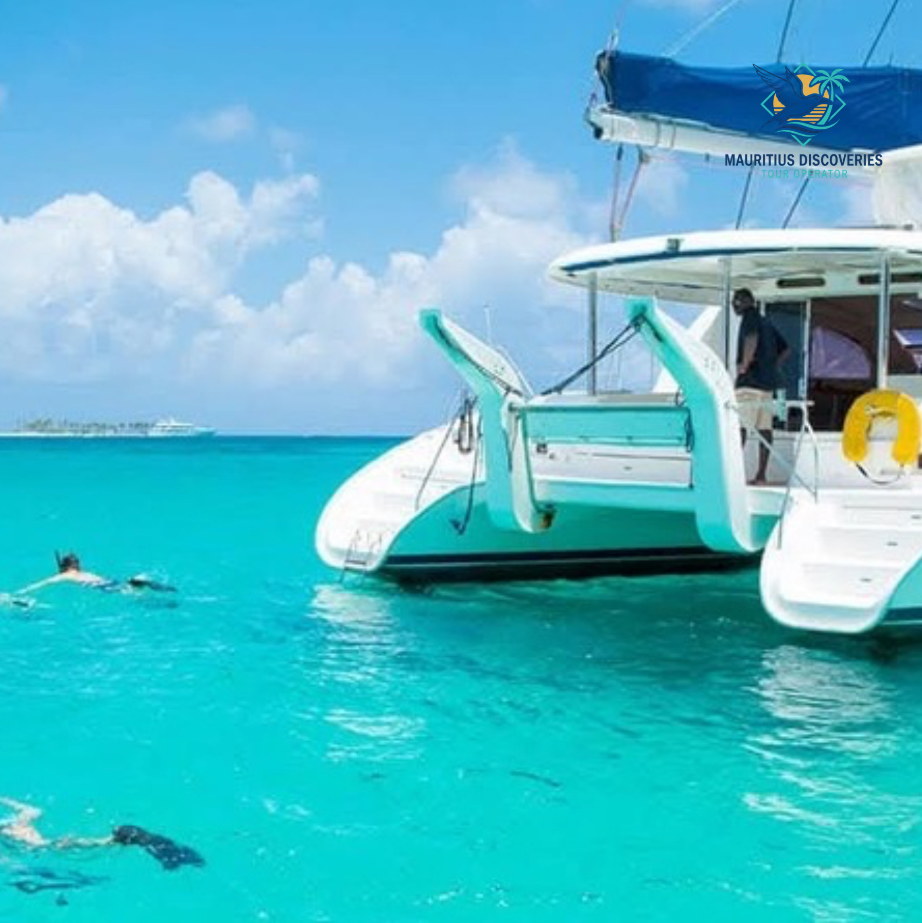 Catamaran on the turquoise lagoon off the west coast of Mauritius