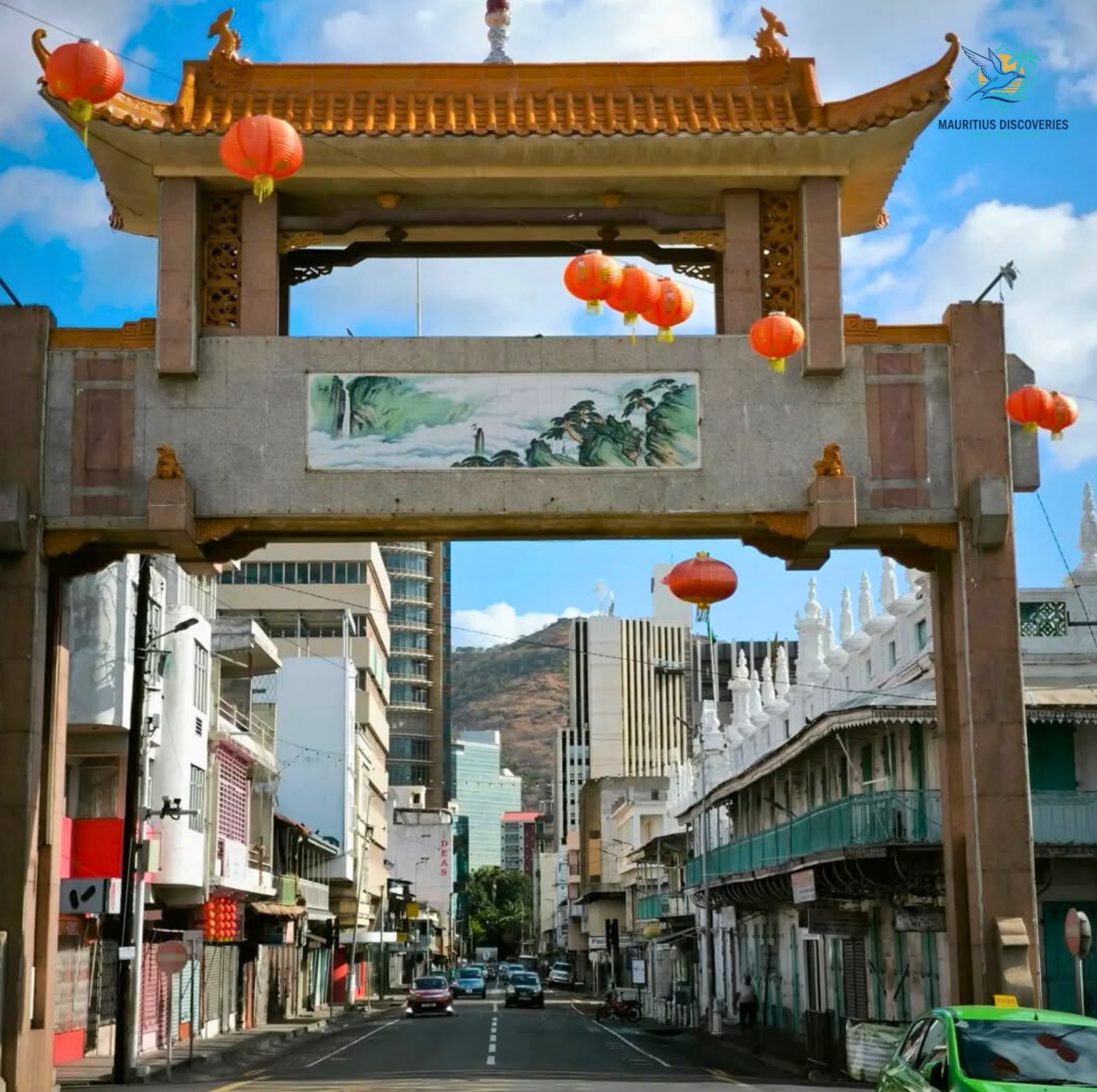 Red lanterns above a street in Port Louis Chinatown, Mauritius